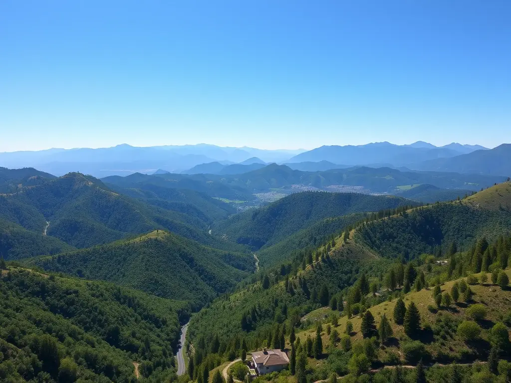 A picturesque aerial view of Harmoni Horizon Valley showcasing its elevated location amidst lush greenery and distant mountain ranges, emphasizing its serene and secluded setting.
