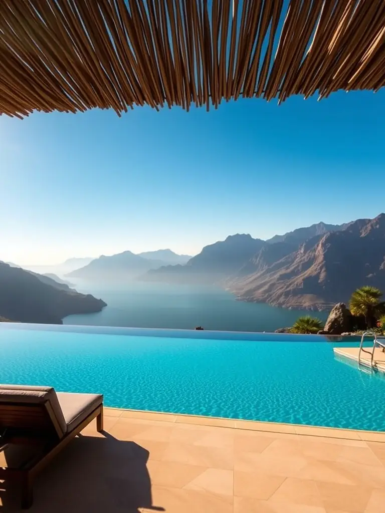 A serene infinity pool overlooking the valley, showcasing the premium amenities available to residents of Harmoni Horizon Valley, with people relaxing and enjoying the view.